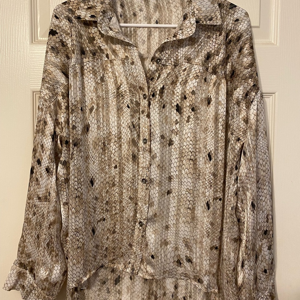 12th Tribe Cream and Brown Long Sleeve Button Down Shirt
